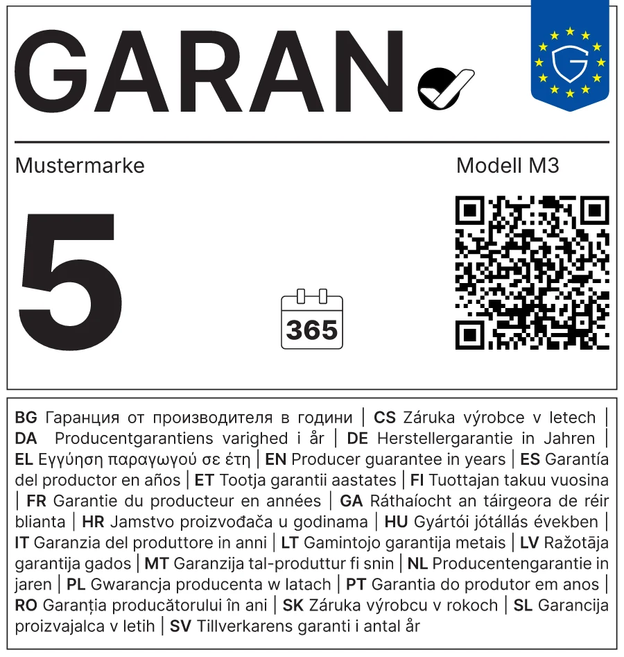 GARAN-Label in Farbe mit ausgefüllten Beispieldaten: Marke Mustermarke, Modell M3, 5 Jahre Herstellergarantie, daneben QR-Code und EU-Emblem.