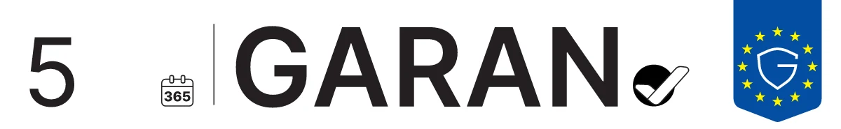 Kurzform des GARAN-Labels: schmaler Balken mit der Zahl 5 für fünf Jahre Herstellergarantie, Kalendersymbol, Schriftzug GARAN und EU-Emblem.