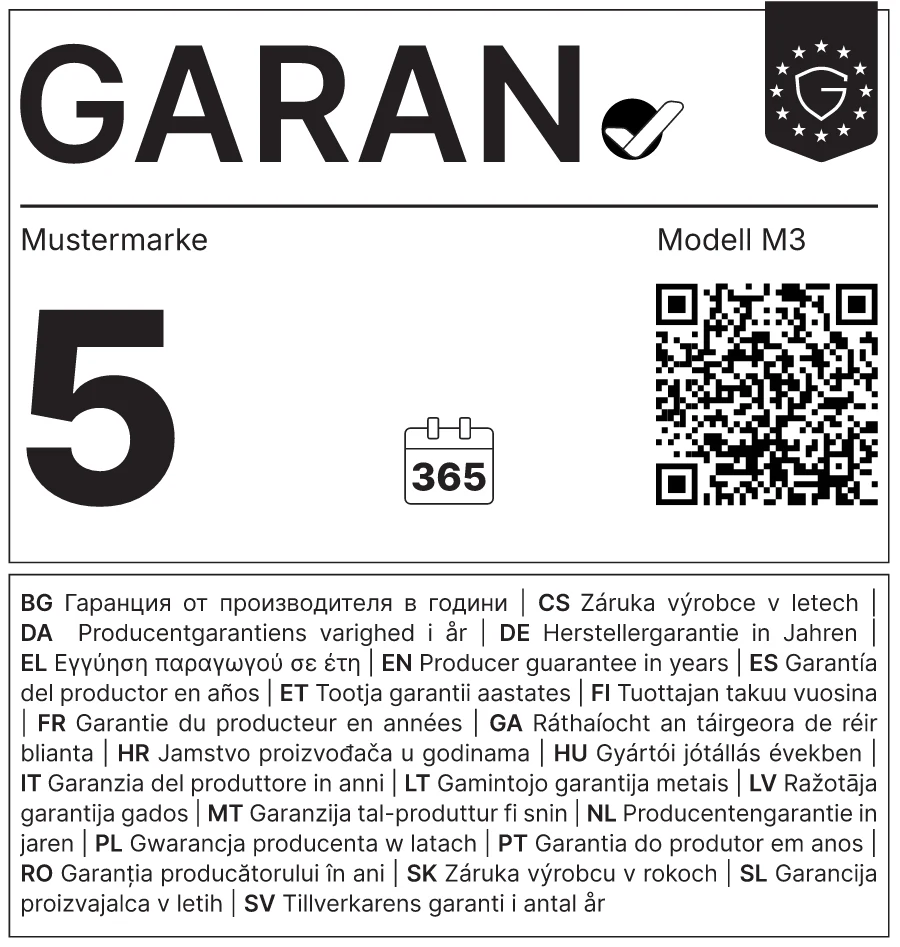 GARAN-Label in Schwarz-Weiß mit Beispieldaten Mustermarke Modell M3 und 5 Jahren Herstellergarantie, für den Ausdruck am Fahrzeug.
