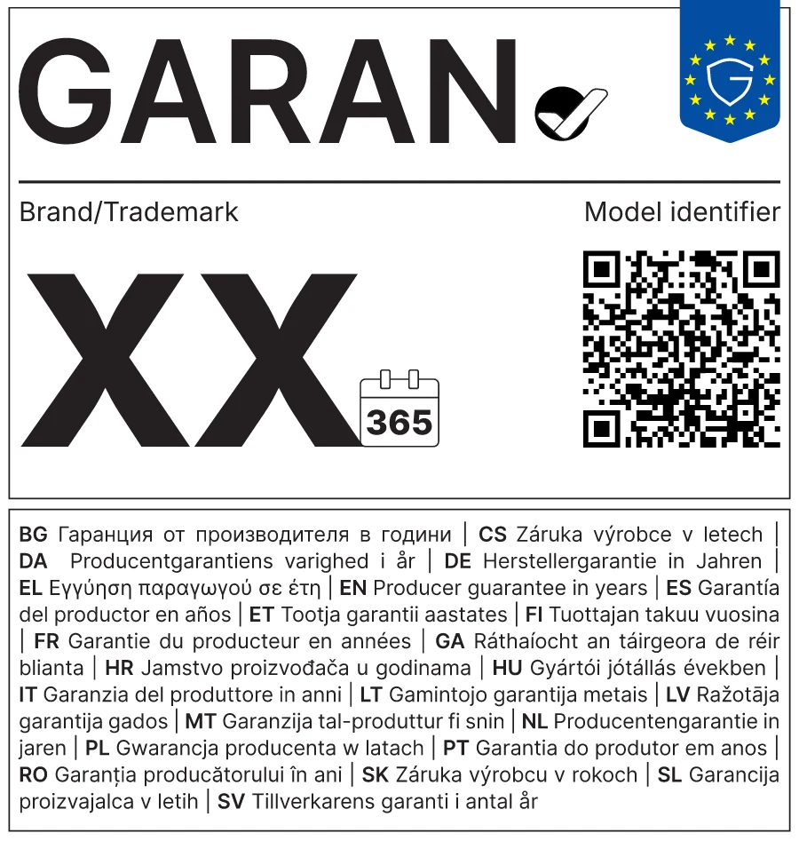 Unausgefüllte amtliche Vorlage des GARAN-Labels mit den drei Platzhaltern Brand/Trademark, Model identifier und XX.
