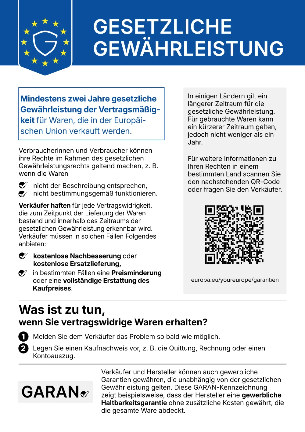 Amtliches Gewährleistungslabel in Farbe auf Deutsch: Überschrift Gesetzliche Gewährleistung, mindestens zwei Jahre, Rechte der Verbraucher und QR-Code zu europa.eu.