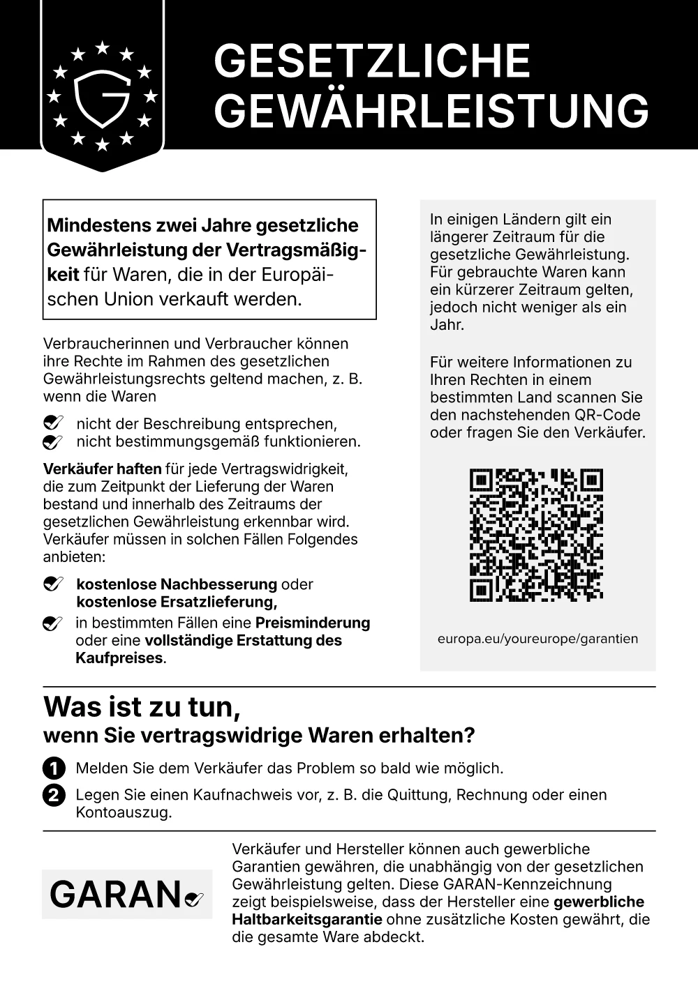 Amtliches Gewährleistungslabel in Schwarz-Weiß auf Deutsch, für den Ausdruck als Aushang im Verkaufsraum.